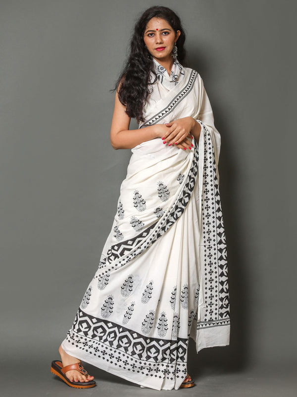 White & Black Floral Cotton Saree for Women