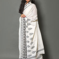 White & Black Floral Cotton Saree for Women