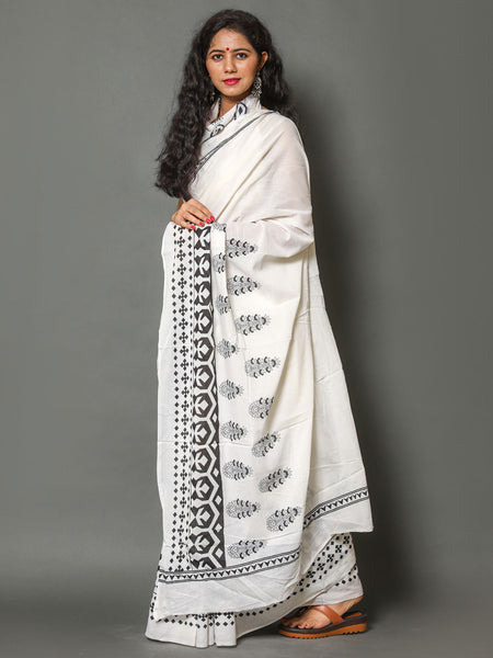 White & Black Floral Cotton Saree for Women