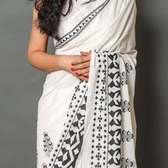 White & Black Floral Cotton Saree for Women