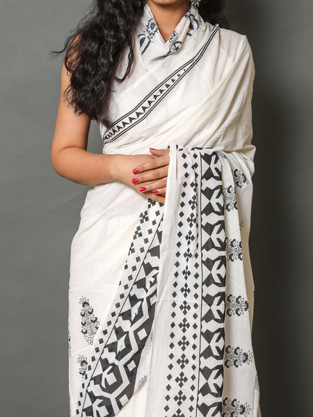 White & Black Floral Cotton Saree for Women