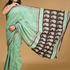Green Ethnic Motif Cotton Block Print Saree for Women