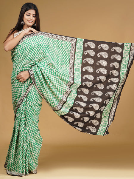 Green Ethnic Motif Cotton Block Print Saree for Women