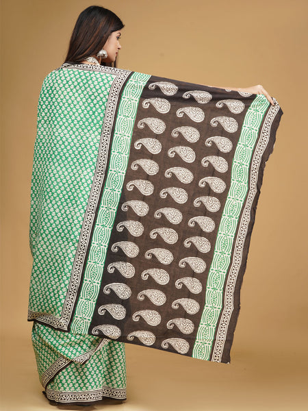 Green Ethnic Motif Cotton Block Print Saree for Women