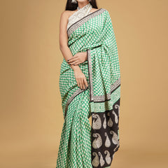 Green Ethnic Motif Cotton Block Print Saree for Women