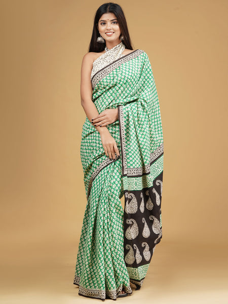 Green Ethnic Motif Cotton Block Print Saree for Women