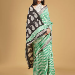 Green Ethnic Motif Cotton Block Print Saree for Women