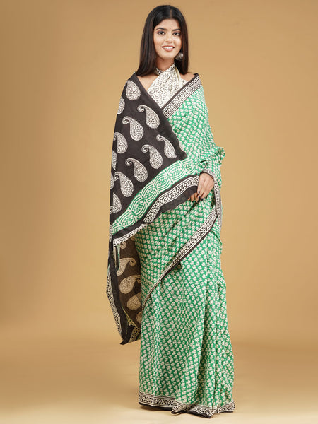Green Ethnic Motif Cotton Block Print Saree for Women