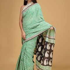 Green Ethnic Motif Cotton Block Print Saree for Women