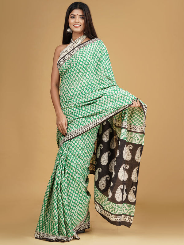 Green Ethnic Motif Cotton Block Print Saree for Women
