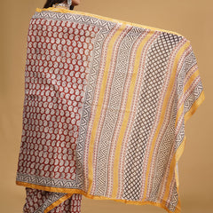 Maroon & Orange Zari Block Print Cotton Saree for Women