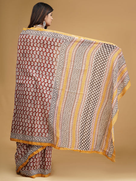 Maroon & Orange Zari Block Print Cotton Saree for Women