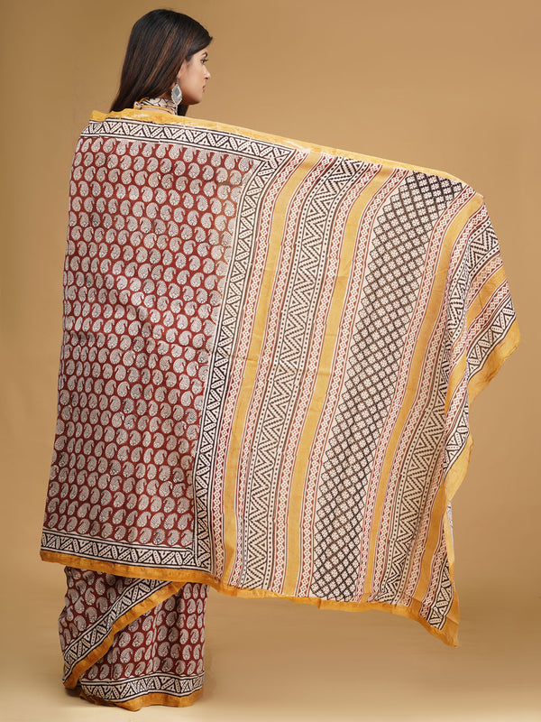 Maroon & Orange Zari Block Print Cotton Saree for Women