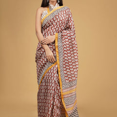 Maroon & Orange Zari Block Print Cotton Saree for Women