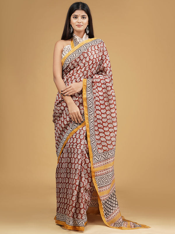 Maroon & Orange Zari Block Print Cotton Saree for Women