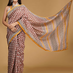 Maroon & Orange Zari Block Print Cotton Saree for Women