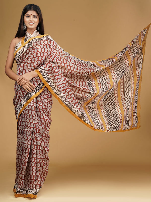 Maroon & Orange Zari Block Print Cotton Saree for Women