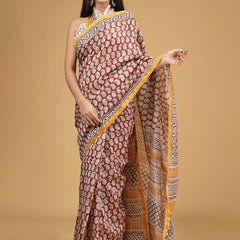 Maroon & Orange Zari Block Print Cotton Saree for Women