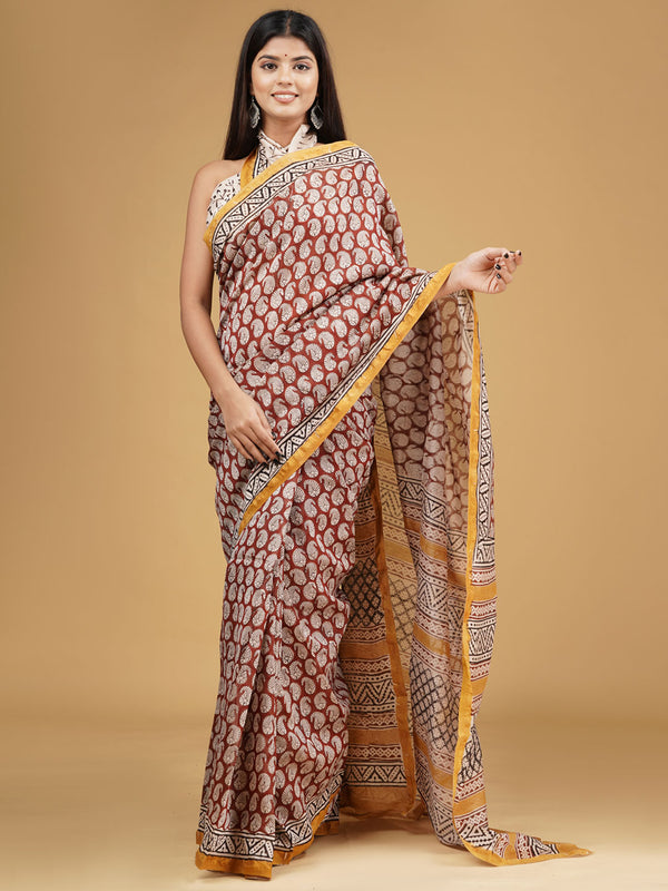 Maroon & Orange Zari Block Print Cotton Saree for Women