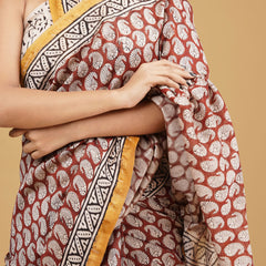 Maroon & Orange Zari Block Print Cotton Saree for Women