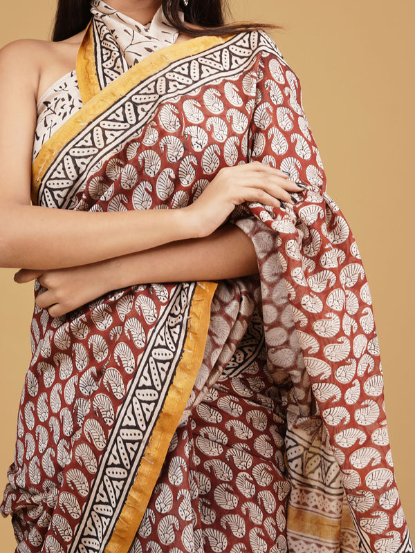 Maroon & Orange Zari Block Print Cotton Saree for Women
