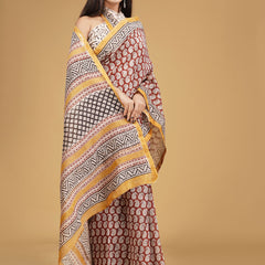 Maroon & Orange Zari Block Print Cotton Saree for Women