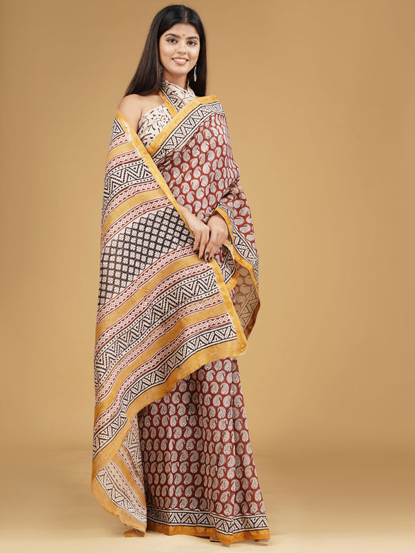 Maroon & Orange Zari Block Print Cotton Saree for Women