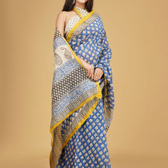 Blue & Yellow Ethnic Motifs Block Print Saree for Women