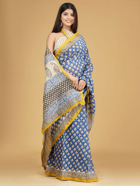 Blue & Yellow Ethnic Motifs Block Print Saree for Women