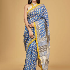 Blue & Yellow Ethnic Motifs Block Print Saree for Women