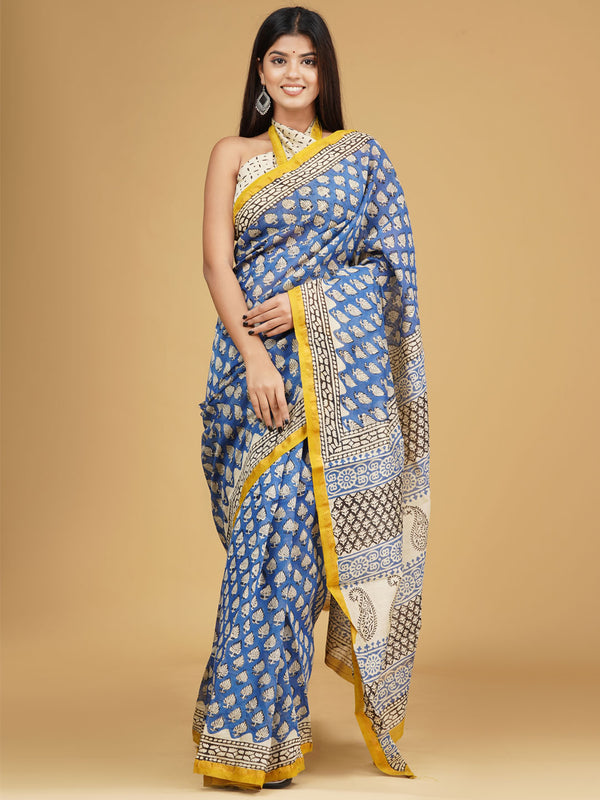 Blue & Yellow Ethnic Motifs Block Print Saree for Women
