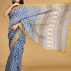 Blue & Yellow Ethnic Motifs Block Print Saree for Women