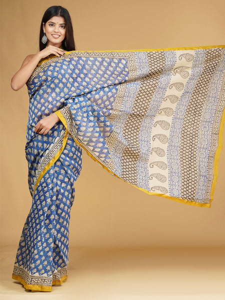 Blue & Yellow Ethnic Motifs Block Print Saree for Women