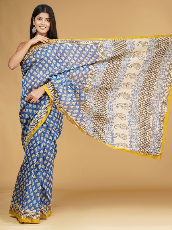 Blue & Yellow Ethnic Motifs Block Print Saree for Women