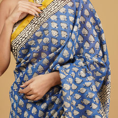 Blue & Yellow Ethnic Motifs Block Print Saree for Women