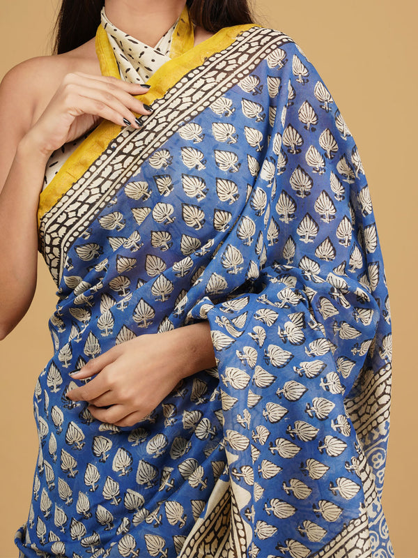 Blue & Yellow Ethnic Motifs Block Print Saree for Women