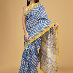 Blue & Yellow Ethnic Motifs Block Print Saree for Women