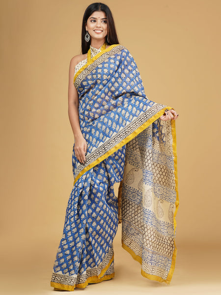 Blue & Yellow Ethnic Motifs Block Print Saree for Women