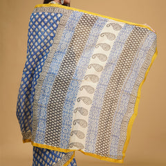 Blue & Yellow Ethnic Motifs Block Print Saree for Women