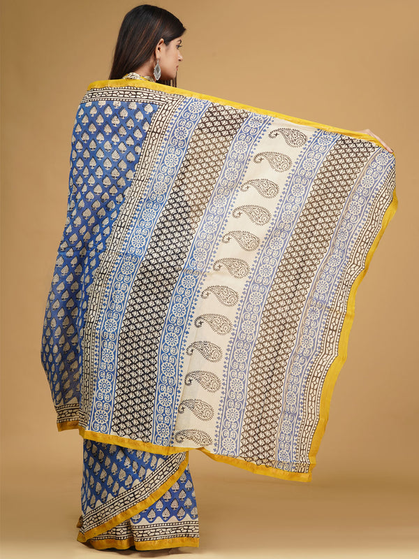 Blue & Yellow Ethnic Motifs Block Print Saree for Women