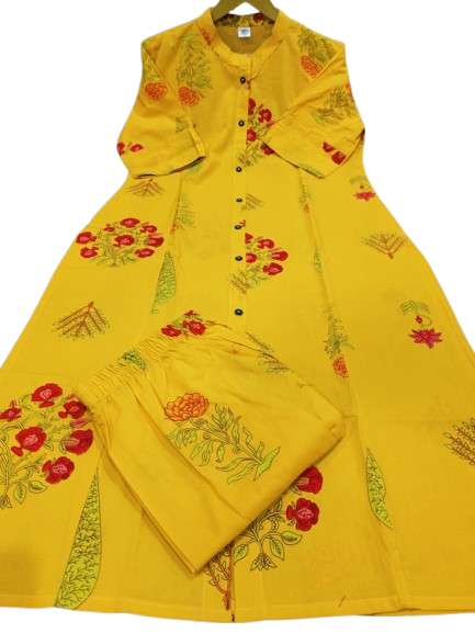 Yellow Printed Cotton Kurti Palazzo Set