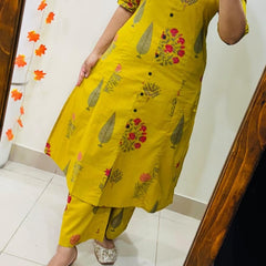 Yellow Printed Cotton Kurti Palazzo Set