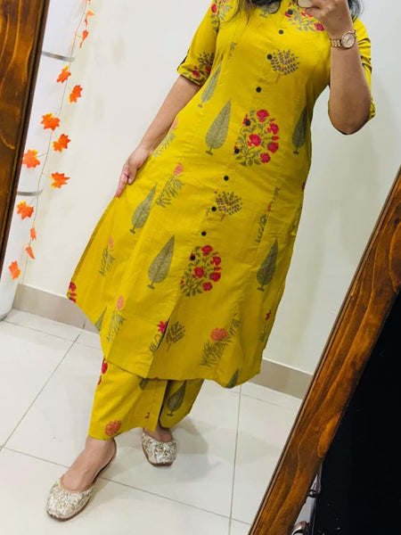 Yellow Printed Cotton Kurti Palazzo Set