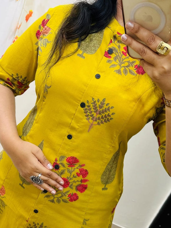 Yellow Printed Cotton Kurti Palazzo Set