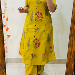 Yellow Printed Cotton Kurti Palazzo Set