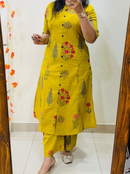 Yellow Printed Cotton Kurti Palazzo Set