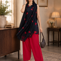 Black & Red Heart Embroidered 3-Piece Farshi Suit Set