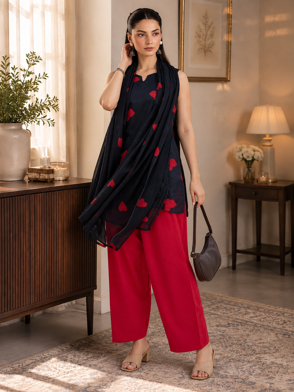 Black & Red Heart Embroidered 3-Piece Farshi Suit Set