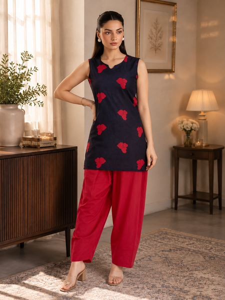 Black & Red Heart Embroidered 3-Piece Farshi Suit Set