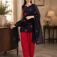 Black & Red Heart Embroidered 3-Piece Farshi Suit Set